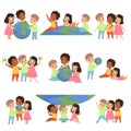 Collection of happy multicultural little kids standing together, friendship, unity concept vector Illustration on a