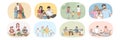 Collection of happy parents with kids enjoy time together Royalty Free Stock Photo