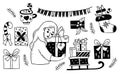 Collection happy woman with gifts, sleigh, christmas boot, dessert cup, garland and holiday boxes. Vector isolated drawings doodle