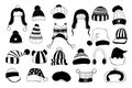 Collection hats doodles. Isolated hand drawings of headdresses. Vector illustration.