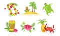 Collection of Hawaiian Traditional Objects, Flower Necklace, Palm Tree, Tiki Mask, Drum, Crab, Pineapple, Hibiscus