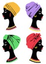 The collection of the head of a cute lady. On the head of an African American girl knitted shawl, turban. Women s profiles are