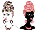 Collection. Head of the sweet lady. On the head of an African-American girl is a bright scarf and turban. The woman is beautiful