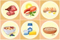 Collection of healthy food, meat, salmon, eggs, oatmeal with berries, dairy products, buckwheat