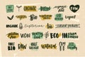 Collection of healthy organic food and natural vegan and vegetarian eco products lettering handwritten with calligraphic