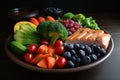 a collection of healthy vegetables and fruits on a plate with a black background Royalty Free Stock Photo