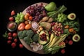 a collection of healthy vegetables and fruits on a tray with a black background Royalty Free Stock Photo