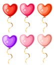 Collection of heart shaped balloons with golden ribbons different colors balloon illustration isolated on white background Royalty Free Stock Photo