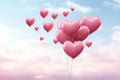 A collection of heart-shaped balloons soaring through the sky, Love heart balloons caught in a playful wind o Royalty Free Stock Photo