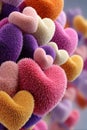 A collection of heart-shaped objects covered in soft, colorful bristles, creating a Royalty Free Stock Photo