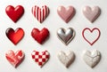 Assorted heart-shaped objects showcasing various designs and textures isolated on white background Royalty Free Stock Photo