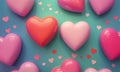 collection heart-shaped objects in various shades pink and red, scattered on blue background with small red Royalty Free Stock Photo