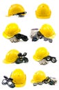 Collection of Helmet, gloves, ear defenders and goggles on white. Royalty Free Stock Photo
