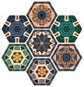 Collection hexagonal ceramic tiles with colorful abstract ornament