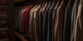 collection of high-end suits hang in a walk-in closet one generative AI