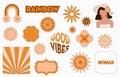 Collection of hippie design with orange flower,sun,rainbow,woman