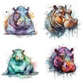 Hippopotamus watercolor illustration set