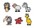 Collection of hipster cartoon character animals hedgehog, sheep, zebra, griffin, camel and starfish Royalty Free Stock Photo