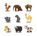 Collection of hipster cartoon character animals rooster, anteater, sloth, camel, monkey, bison, cow Royalty Free Stock Photo