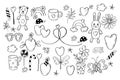 Holiday doodles. Romantic gifts, hearts, plush toy teddy bear and hare, flowers and sweets. Vector illustration