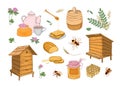 Collection of honey production, beekeeping or apiculture attributes - honeycomb, wooden beehives, dipper, bees, barrel