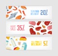Collection of horizontal banner templates with fish, seafood, meat, milk or dairy products discount on white background