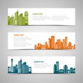 Collection horizontal banners with colorful silhouettes of cities