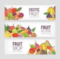 Collection of horizontal banners decorated with piles of ripe juicy exotic tropical fruits on white background and place