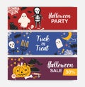 Collection of horizontal holiday web banner templates with Halloween characters. Colorful vector illustration in flat Royalty Free Stock Photo