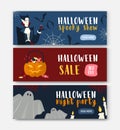 Collection of horizontal holiday web banner templates with Halloween characters - vampire, Jack-o`-lantern, ghost Royalty Free Stock Photo