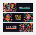 Collection of horizontal web banner templates decorated with Mexican calaveras or skulls, flowers and candles. Festive Royalty Free Stock Photo