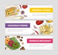 Collection of horizontal web banner templates with delicious meals of Georgian cuisine lying on plates and place for