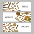 Collection of horizontal web banner templates with various types of raw pasta hand drawn on white background - spaghetti Royalty Free Stock Photo