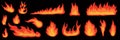 Collection of hot flame elements on black background. Burning flame set. Isolated vector illustration Royalty Free Stock Photo