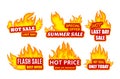 Collection hot sale burning fire flame sticker template with place for text vector flat illustration