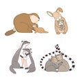 Collection of hugging cartoon animals isolated on white background - rabbit, beaver, ferret, guinea pig, lemurs, badgers Royalty Free Stock Photo