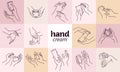 Collection of human hands with hand cream and moisturizer tube, can in different gestures and posses isolated.