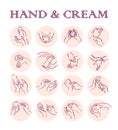 Collection of human hands with hand cream and moisturizer tube in different gestures and posses isolated on white background.