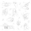 Collection. Human hands holding a phone, a cup, a pen, knitting, in a modern style with one line with leaves. Solid sketches for d Royalty Free Stock Photo