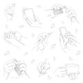 Collection. Human hands holding a phone, a cup, a pen, knitting, in a modern style with one line with leaves. Solid sketches for d Royalty Free Stock Photo