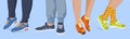 Collection human legs in sneakers vector flat illustration man and woman feet wearing sport footwear