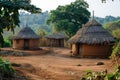 A collection of huts positioned on a dirt road, showcasing a rural setting, A traditional African mud hut village, AI Generated Royalty Free Stock Photo