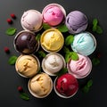 Collection of ice cream scoops with mint leaves and berries on a dark background