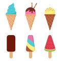 Collection of Ice Cream Waffle Cone and Ice Cream on Stick. Summer Icecream Set with Chocolate, Watermelon on White Royalty Free Stock Photo