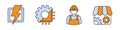 Collection of icon on topic electrical engineering in white, blue and orange colors. Set including lightning, chip and Royalty Free Stock Photo