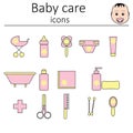 Collection of icons. Baby care. Icons for the care of the newborn girl.