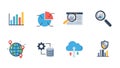 Data analysis vector icons featuring charts, global network, security analytics Royalty Free Stock Photo