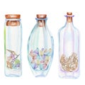 Collection of icons, set of romantic and fairytale watercolor bottles with sea shells inside