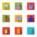 Collection of icons of womens clothing. Various women`s clothes for work, walking, sports. Women clothing icon in set