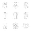 Collection of icons of womens clothing. Various women`s clothes for work, walking, sports. Women clothing icon in set